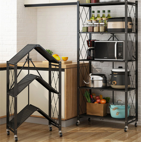 Multi Metal Folding Kitchen Shelf Kitchen Storage Rack 3-Tier Foldable Storage Shelves Stand Folding Steel Shelving With Wheels