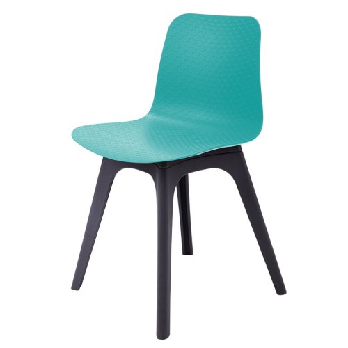 Stylish teal plastic dining chair with black legs