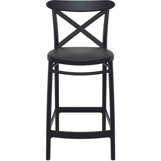 Black comfortable plastic crossback bar stool with footrest
