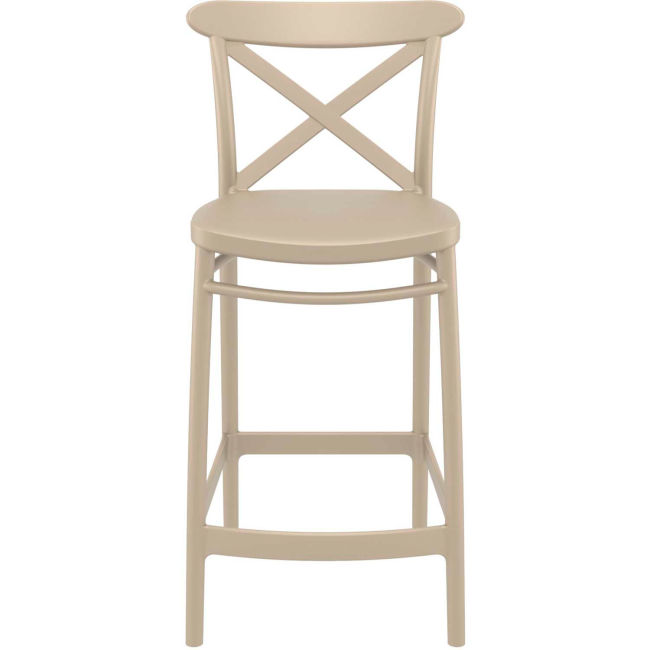 Taupe comfortable plastic crossback bar stool with footrest