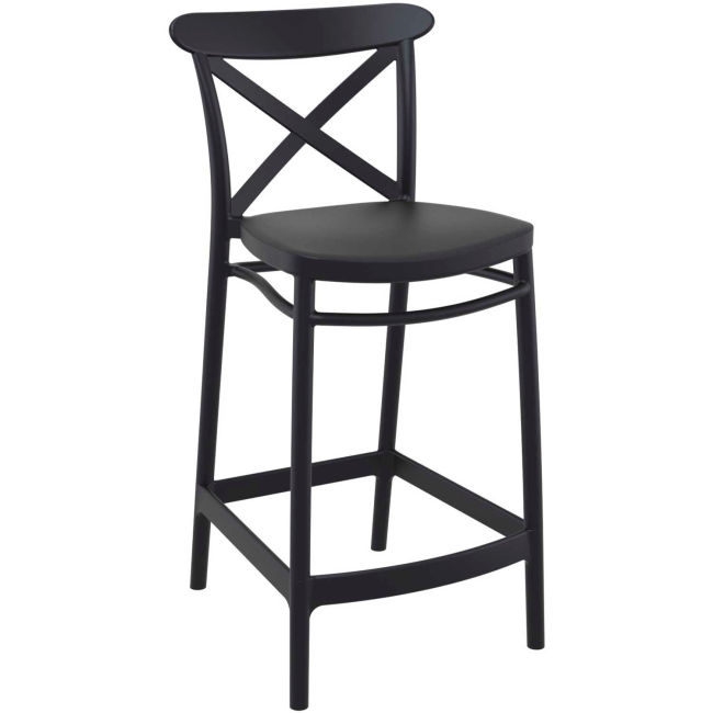 Black comfortable plastic crossback bar stool with footrest