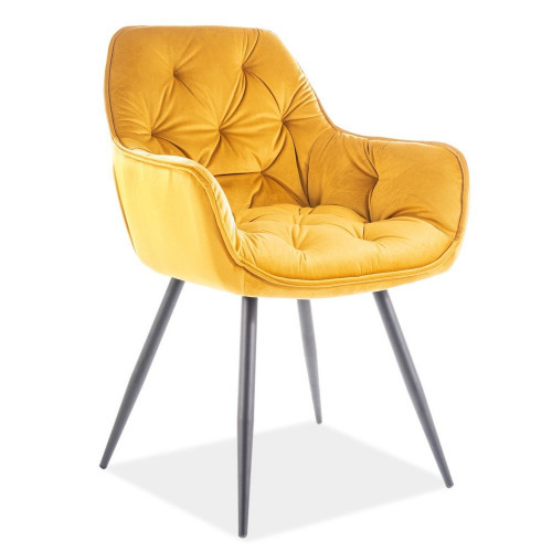 Yellow tufted velvet luxury chair with metal legs and armrest