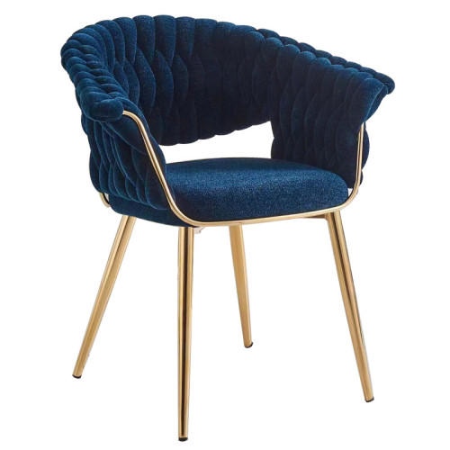 Comfortable navy blue woven upholstered dining chair with metal legs