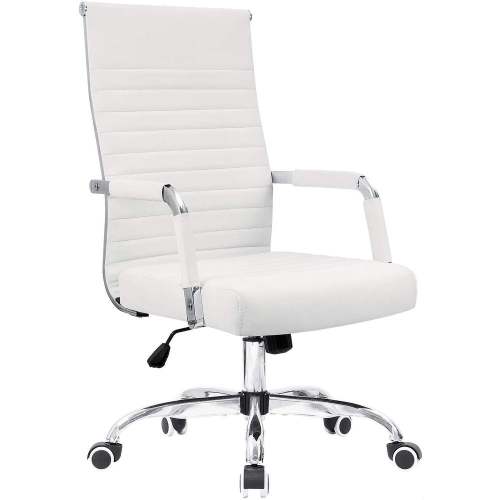 Office Chair High Back Leather Desk Chair Modern Executive Ribbed Chairs Height Adjustable Conference Task Chair with Arms White