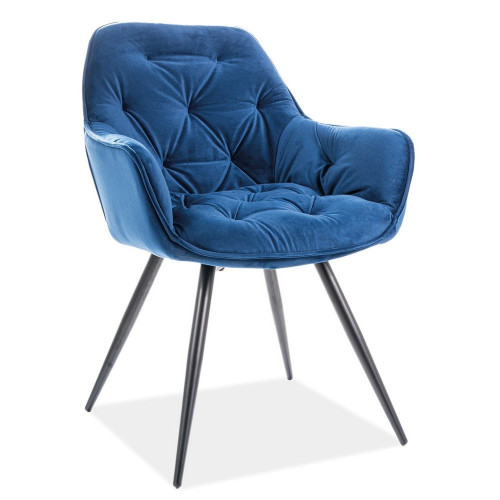 Navy blue tufted velvet chair with metal legs and armrest