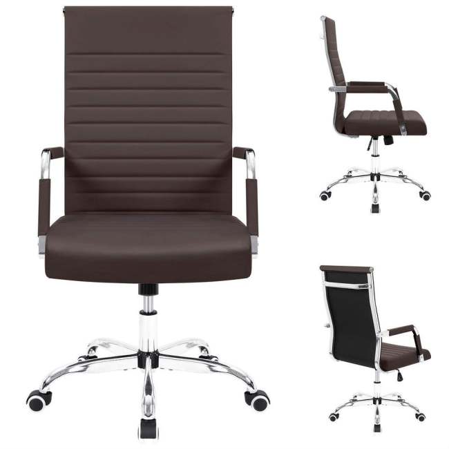 Office Chair High Back Leather Desk Chair Modern Executive Ribbed Chairs Height Adjustable Conference Task Chair with Arms Brown