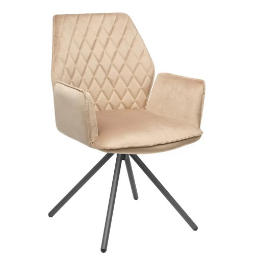 beige velvet chair that comes with a sleek and sturdy metal stand
