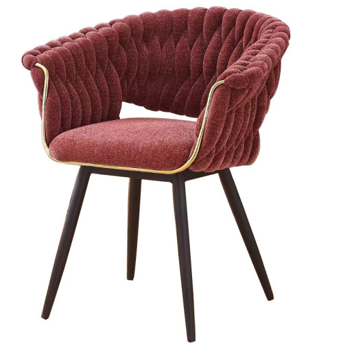 Comfortable red woven upholstered dining chair with metal legs