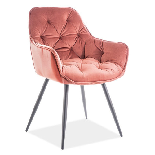 Pink tufted velvet chair with metal legs and armrest