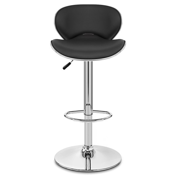 Curved back counter height black leather bar stool with footrest