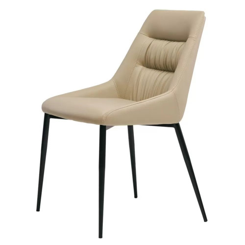 Sleek sophisticated dining chair with beige faux leather seat and stylish metal legs
