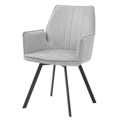 Grey fabric dining chair with armrest and metal legs