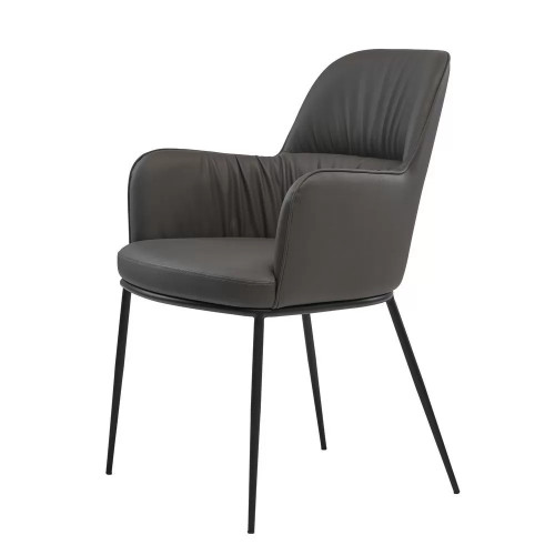 Dark grey faux leather seat and metal legs with armrest.