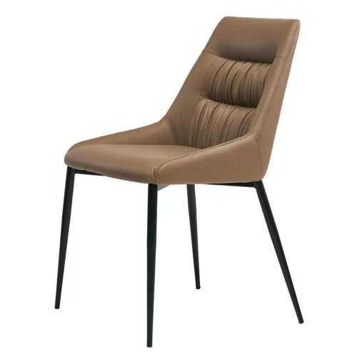 Sleek sophisticated dining chair with brown faux leather seat and stylish metal legs