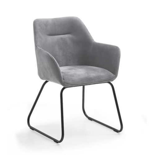 Elegant and comfortable fabric armchair with a stunning warm grey finish and modern metal base