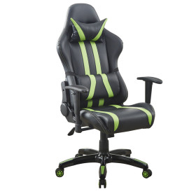 Black and green gaming chair with faux leather, PP armrest, height adjustable, reclining, nylon base, headrest, and swivel features