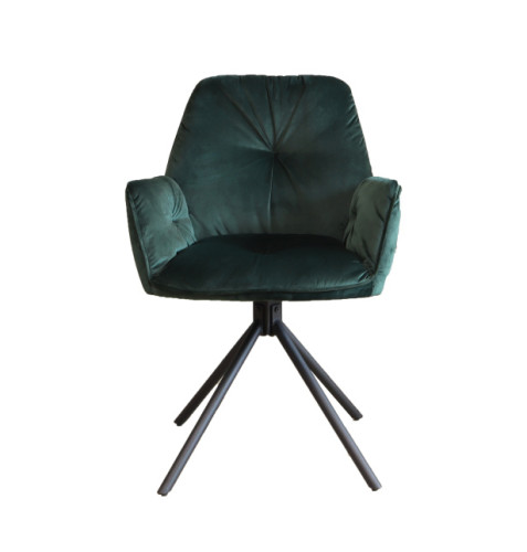 Luxurious green velvet dining chair with armrests and a sturdy metal stand