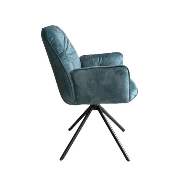 Luxurious teal velvet dining chair with armrests and a sturdy metal stand