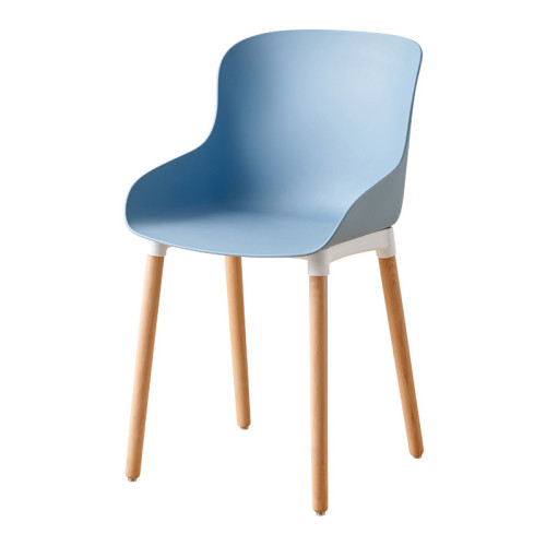 Plastic chair with solid wood legs and a curved polypropylene seat in a light blue color
