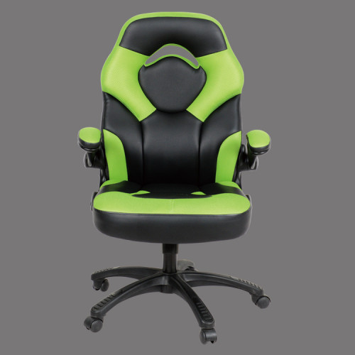 Stylish black and green faux leather office chair with adjustable arms