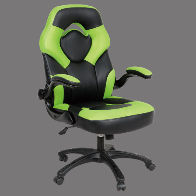 Stylish black and green faux leather office chair with adjustable arms