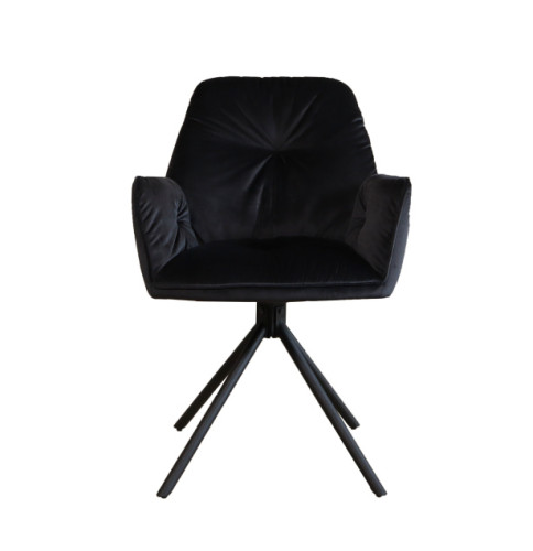 Luxurious black velvet dining chair with armrests and a sturdy metal stand