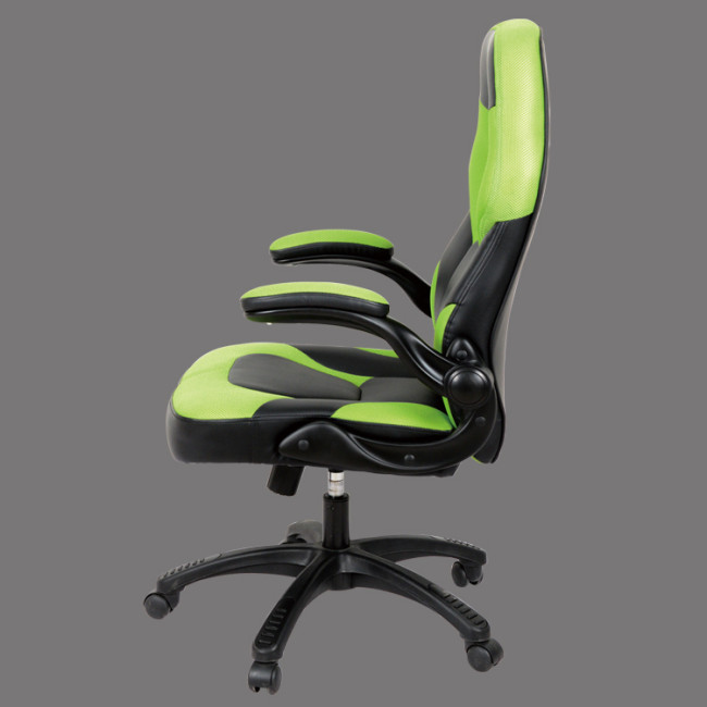 Stylish black and green faux leather office chair with adjustable arms