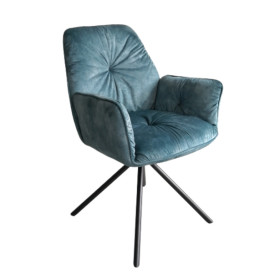 Luxurious teal velvet dining chair with armrests and a sturdy metal stand