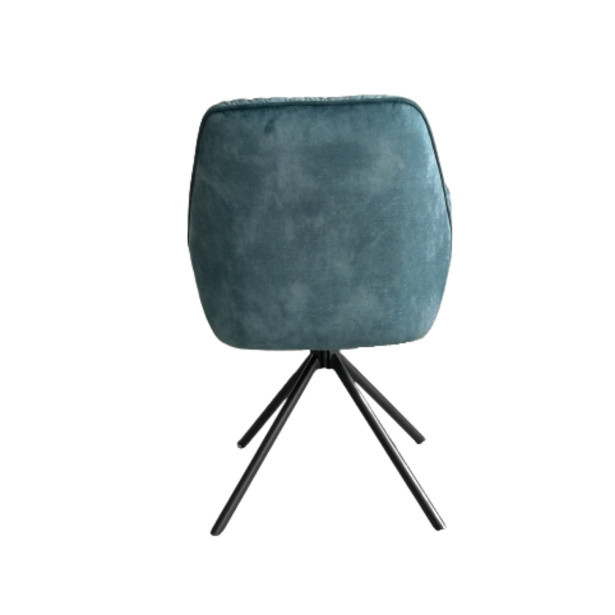 Luxurious teal velvet dining chair with armrests and a sturdy metal stand