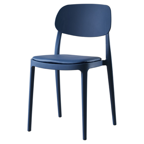 Dark blue leather cushioned stackable plastic chair