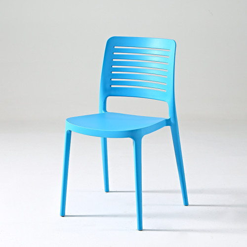 Hollow out curved back blue plastic chair stackable