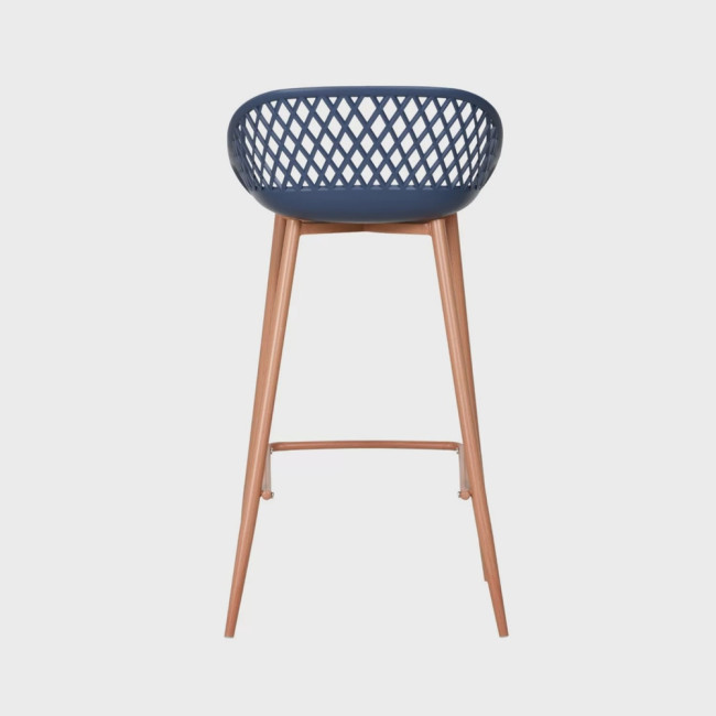 Counter dark blue plastic bar stool with metal frame and hollow out back