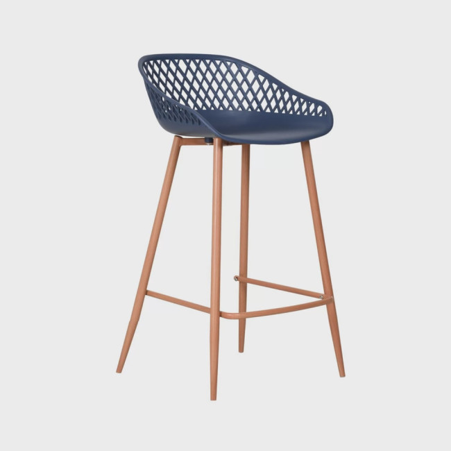 Counter dark blue plastic bar stool with metal frame and hollow out back