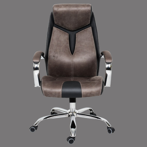  Faux Leather Desk Chair with Chromed Metal Base, Swivel, and Armrests.