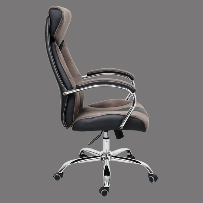  Faux Leather Desk Chair with Chromed Metal Base, Swivel, and Armrests.