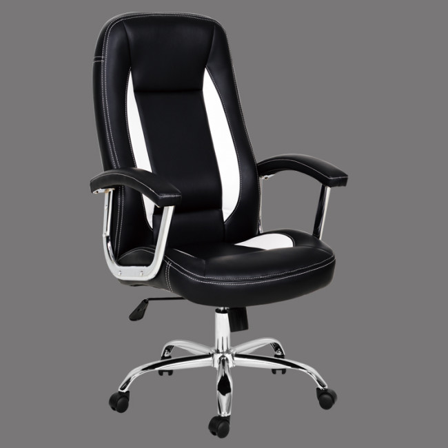 Black and white ergonomic office chair with a chromed metal base