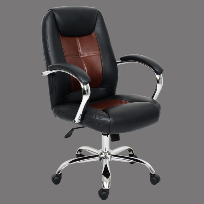 Black and brown faux leather chair with a chromed metal base