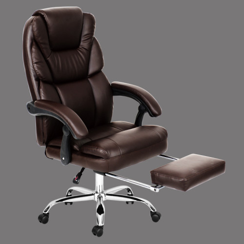 Faux leather brown office chair with a footrest, chromed base, and swivel functionality