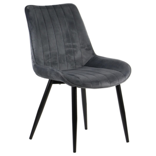 Luxurious dark grey velvet dining chair with black metal legs and a curved back