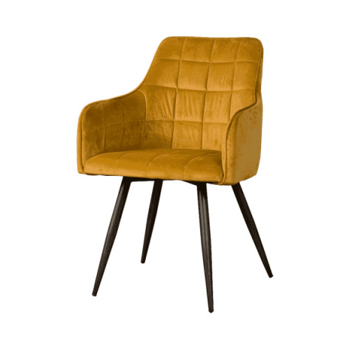 Stunning yellow velvet chair with black metal legs and armrests