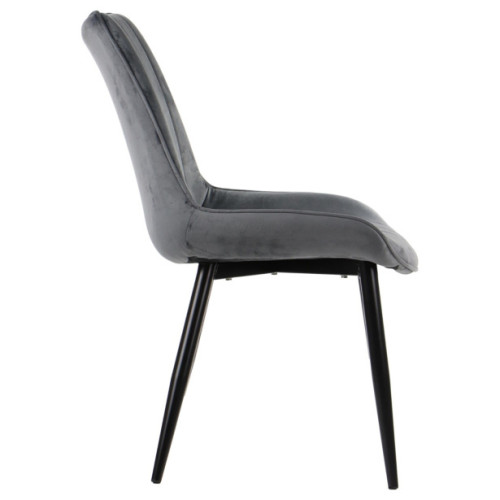 Luxurious dark grey velvet dining chair with black metal legs and a curved back