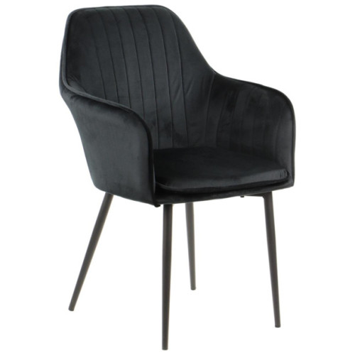 Luxurious and elegant dining chair with black padded cushions and velvet material