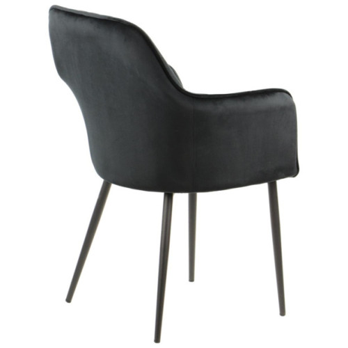 Luxurious and elegant dining chair with black padded cushions and velvet material