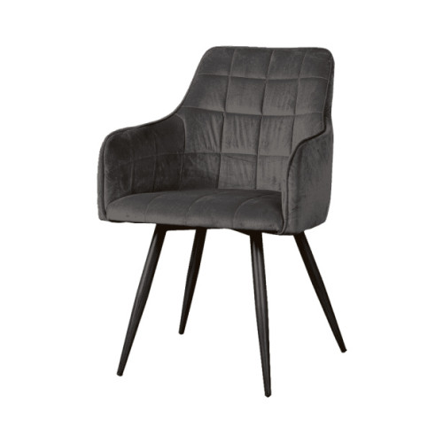 Stunning dark grey velvet chair with black metal legs and armrests