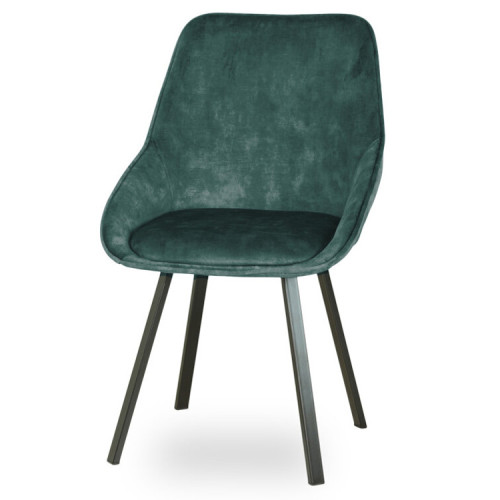 Stylish comfy dark green upholstered fabric dining chair with metal legs