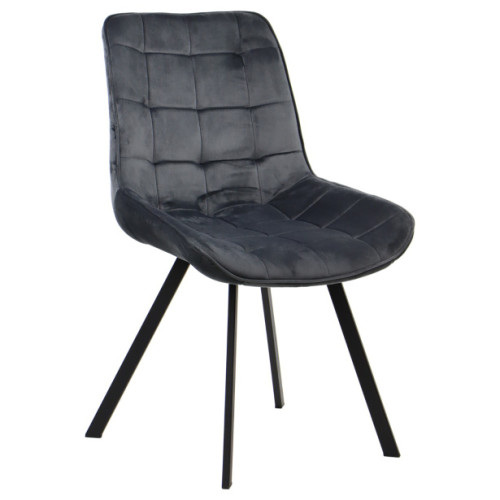 Dark Grey Velvet Dining Room Chair with Black Metal Legs and Curved Back