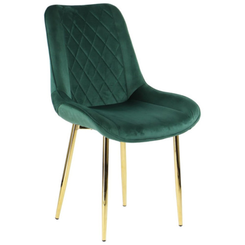 Forest green velvet dining chair with golden metal legs and a curved back