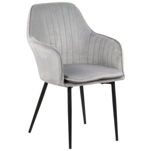 Luxurious and elegant dining chair with light grey padded cushions and velvet material