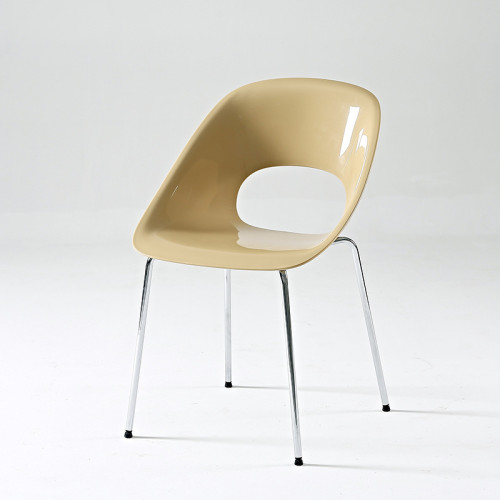 Stylish taupe plastic cafe chair with chromed metal legs