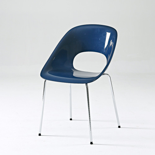 Stylish dark blue plastic cafe chair with chromed metal legs